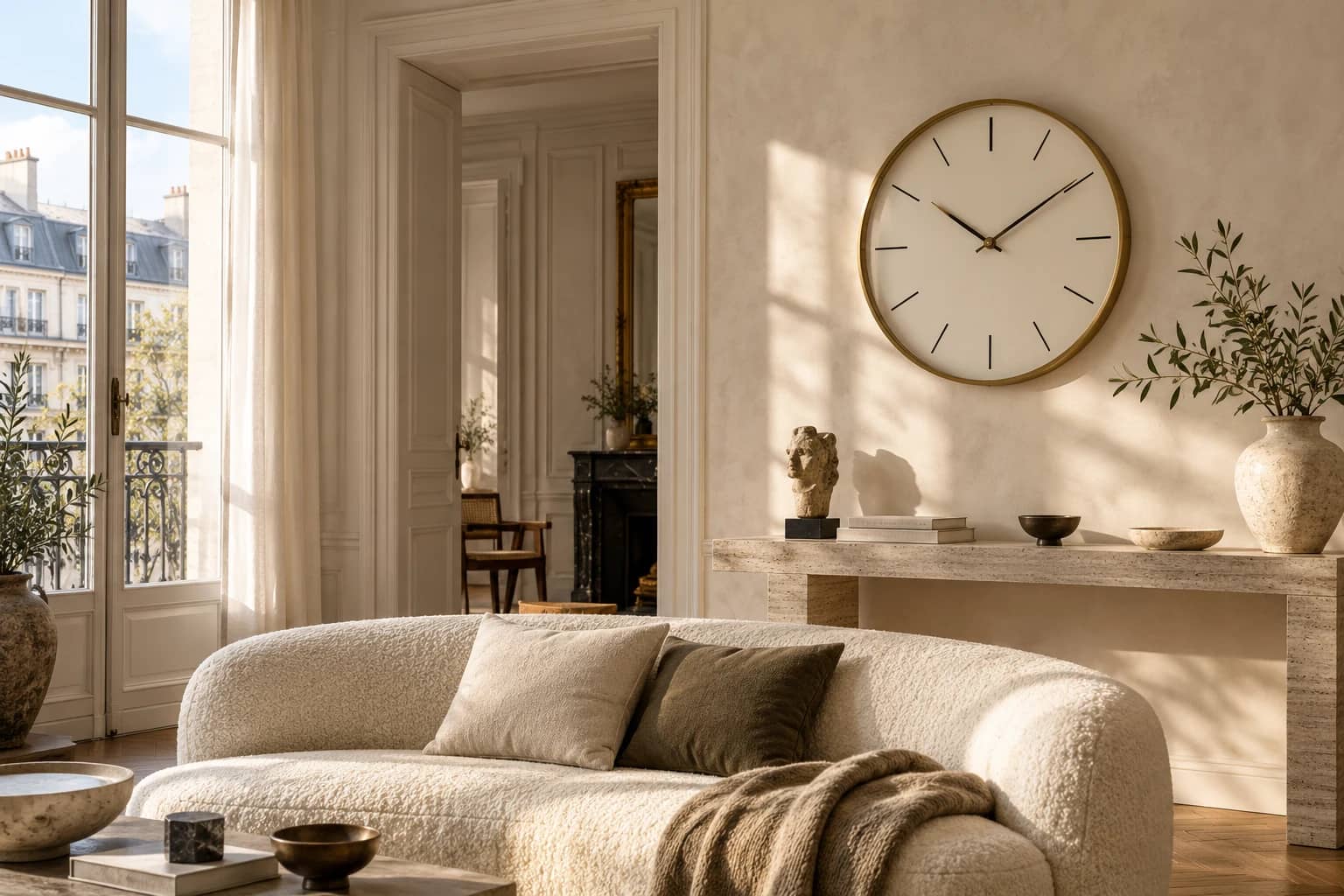 Inspiration déco : salon ivoire, console en travertin et horloge murale dorée