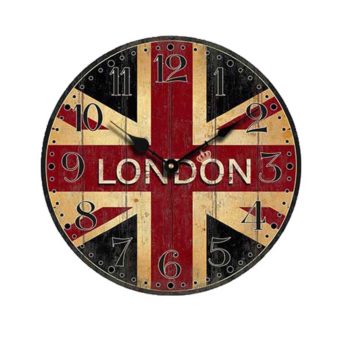 Vintage drapeau Britannique Style Non-Tic-Tac Silencieux Bois Horloge Murale avec LONDRES