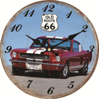 Wooden Wall Clock Creative Motion Route 66 Old Car Design 16 Inch Retro Round Wall Clock Silent Large Decorative Clock